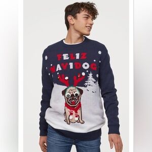 H&M Men's Feliz Navidog Christmas Ugly Sweater, Size Large, Navy Color.